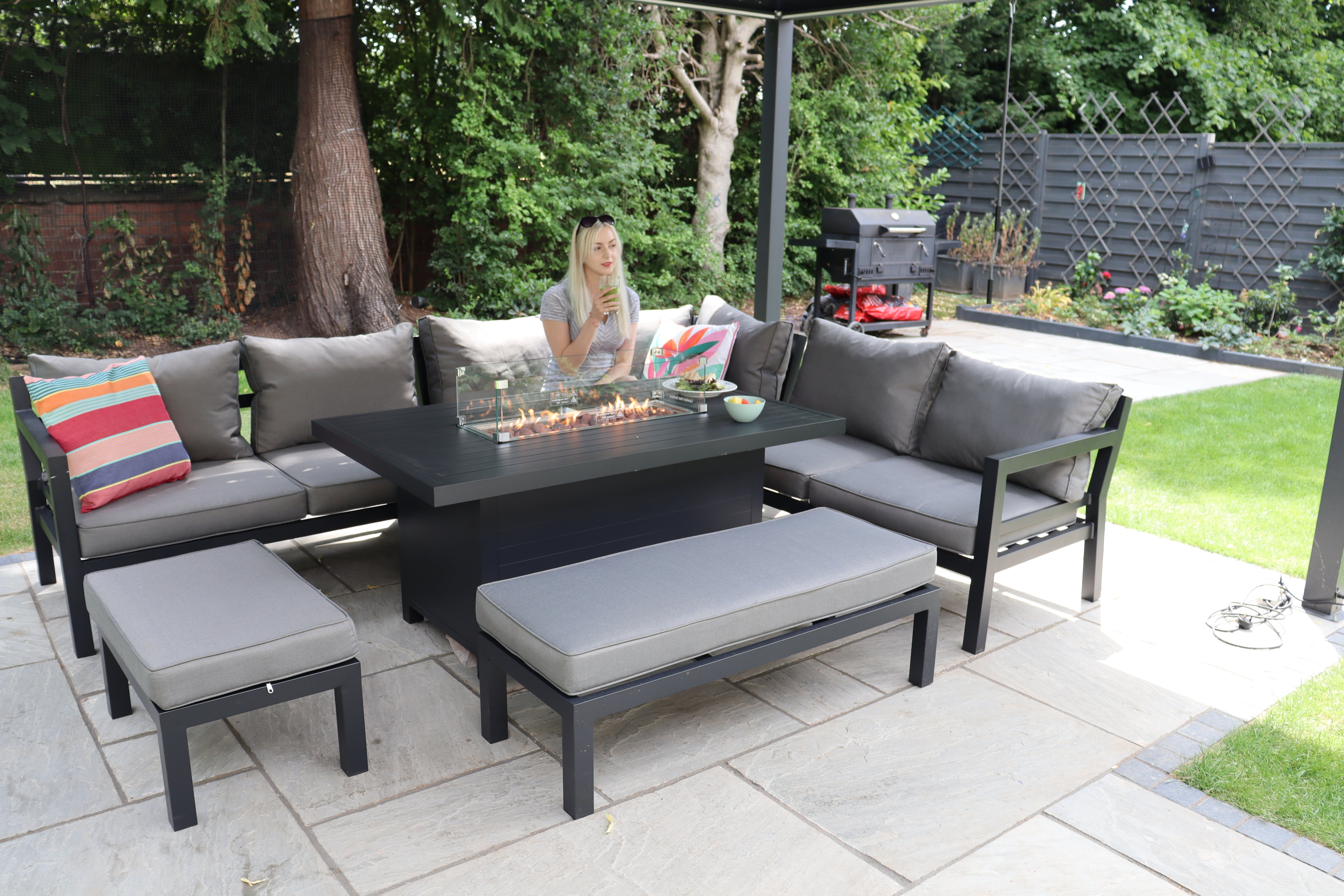 Berlin Large 9 seater Outdoor Fabric and Aluminium Corner Garden Dining Set with Fire Pit Table
