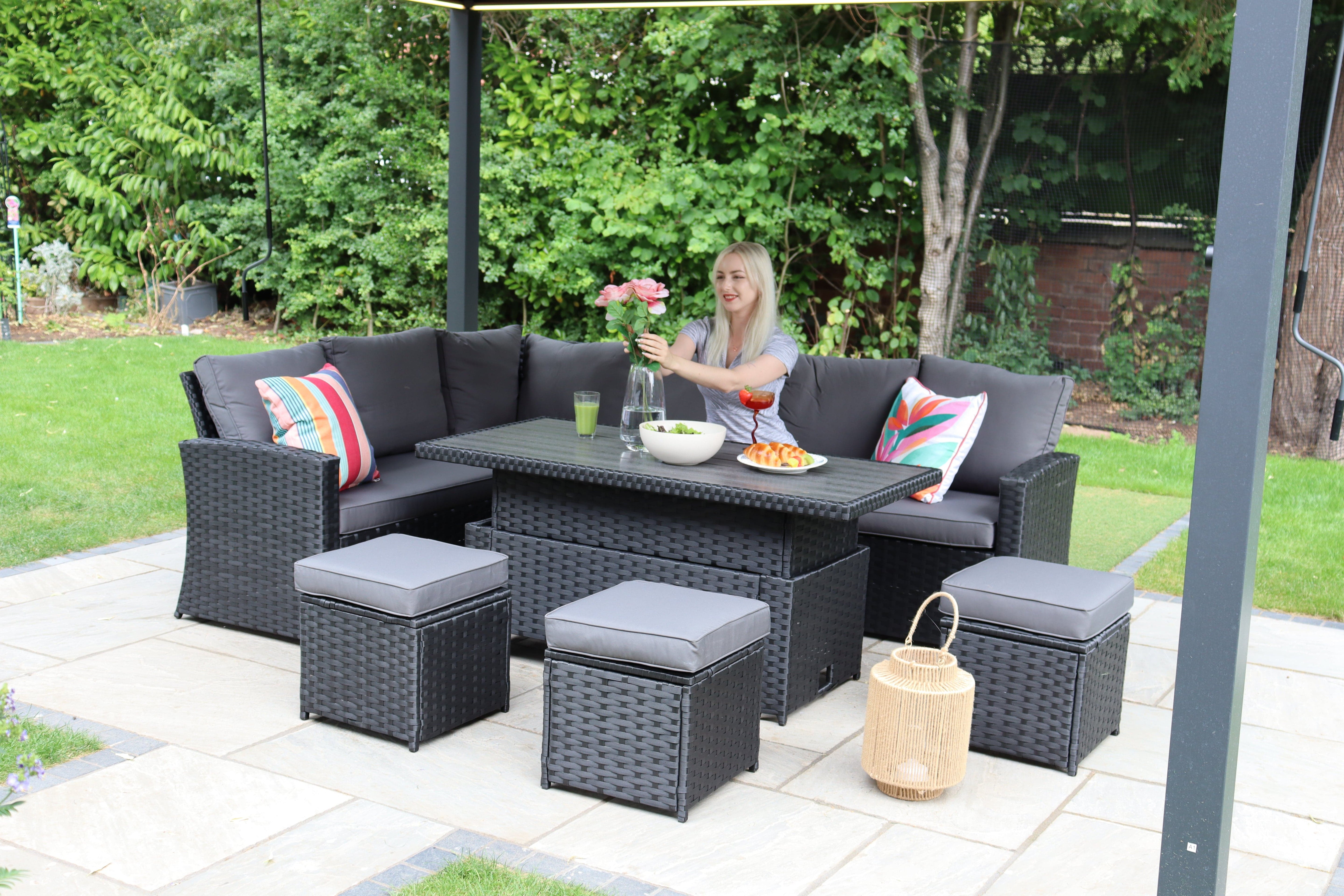 Rosen 9 Seater Rattan Garden Dining Set With Lift-Up Table And 3 Stools
