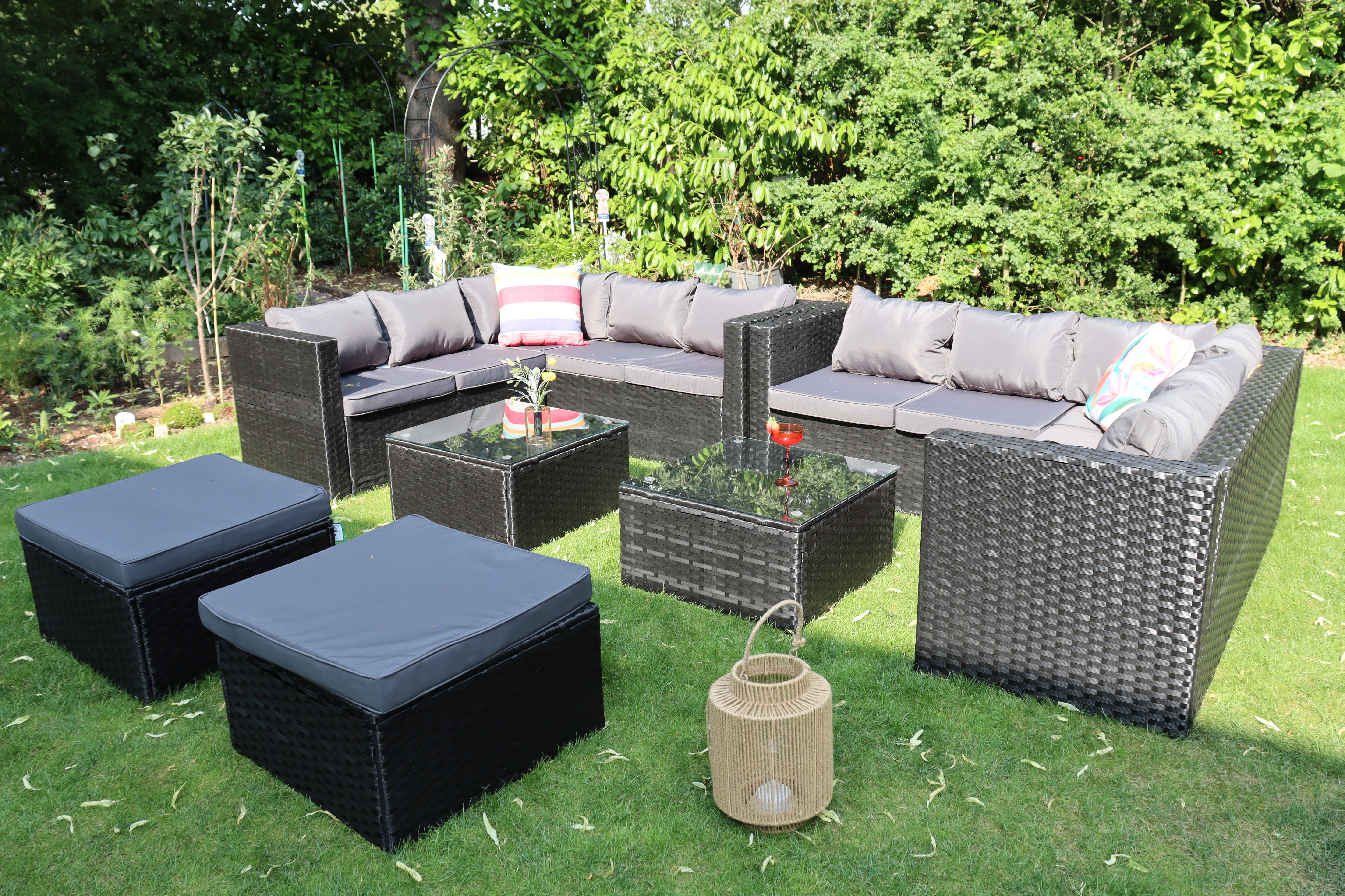 Vancouver 12 Seater Rattan Corner Sofa Patio Set Fire Pit Dining Table Set With Parasol Option