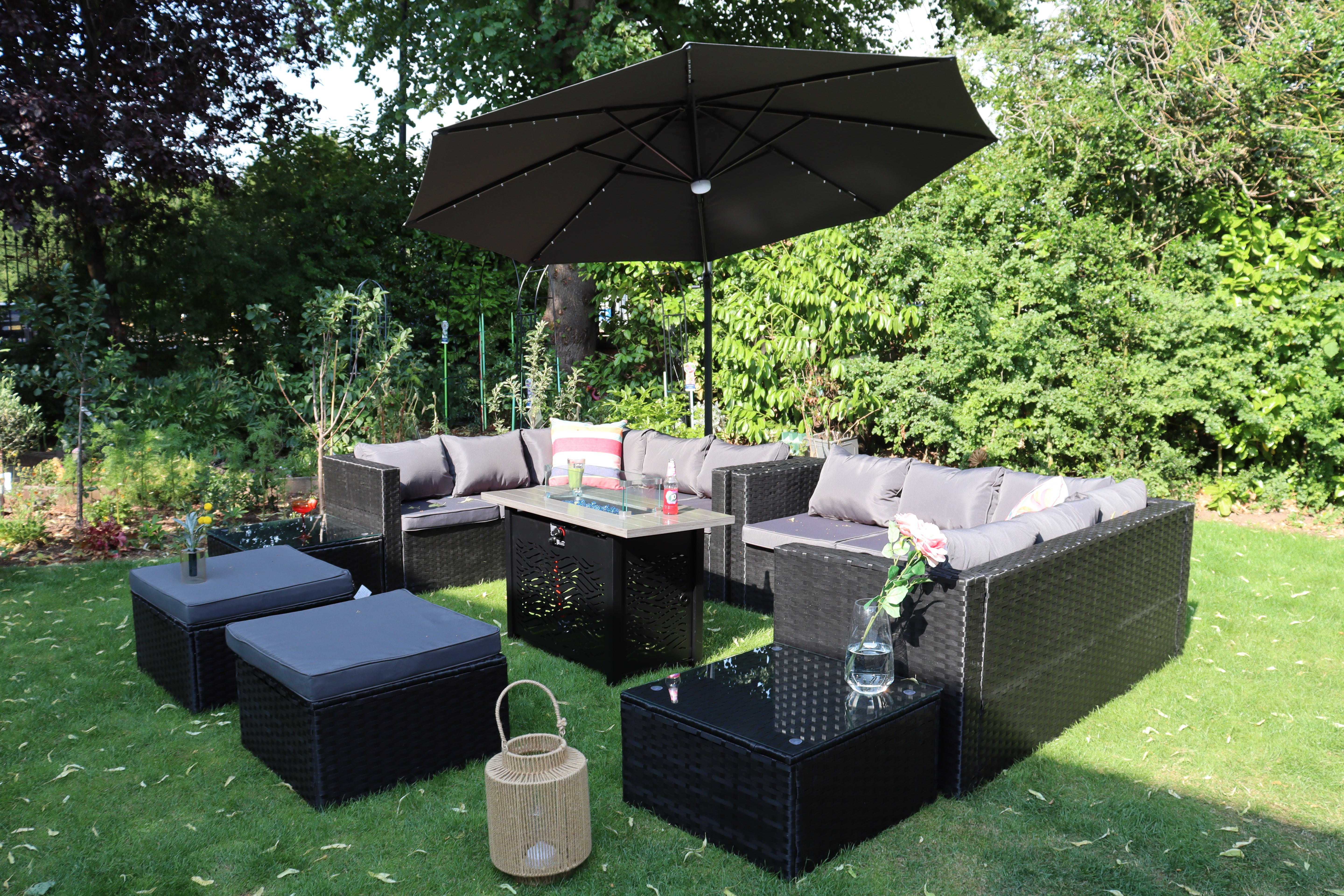 Vancouver 12 Seater Rattan Corner Sofa Patio Set Fire Pit Dining Table Set With Parasol Option