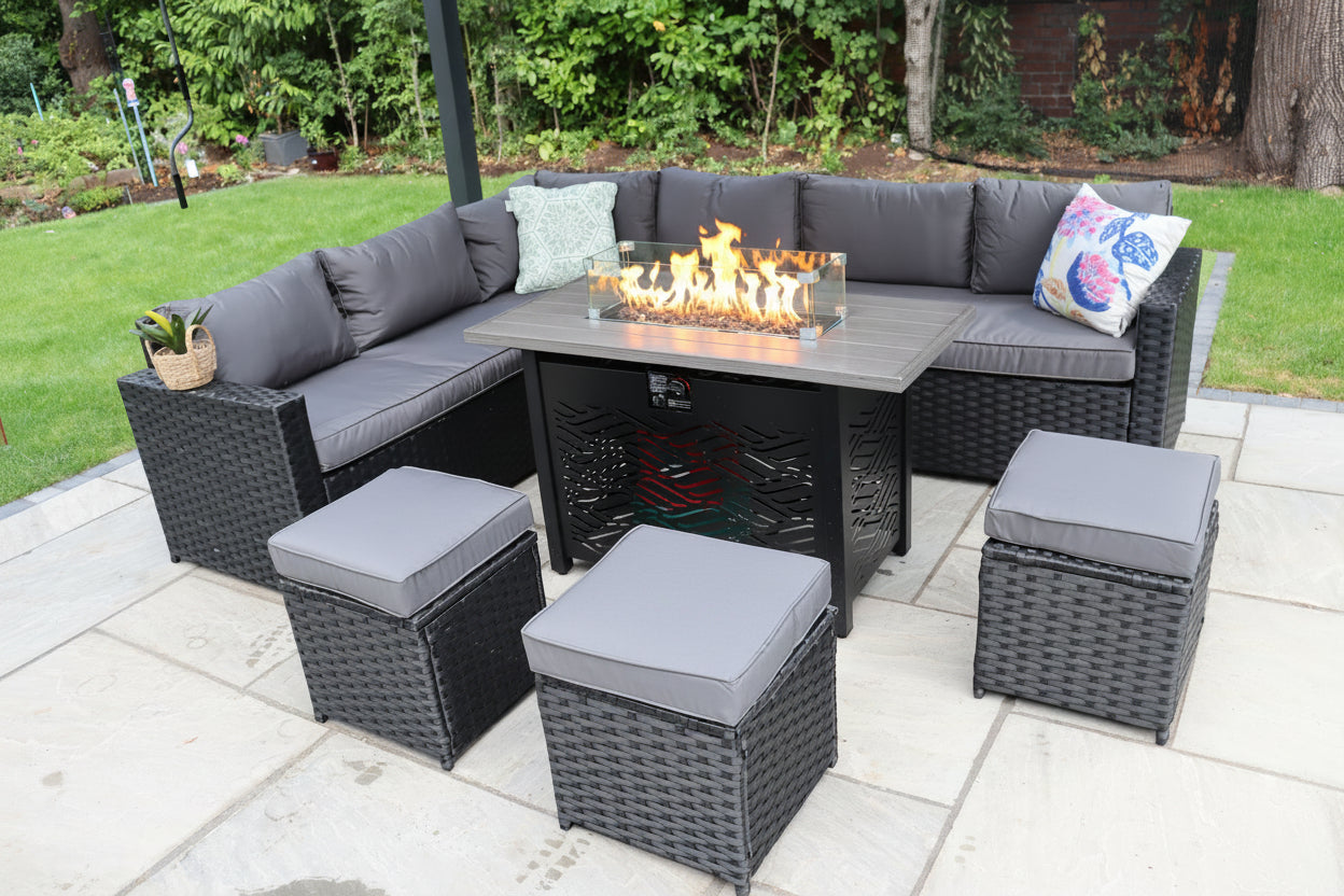 Barcelona Outdoor Rattan 9-Seater Corner Dining Set With Metal Fire Pit Table