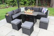 Barcelona Outdoor Rattan 9-Seater Corner Dining Set With Metal Fire Pit Table