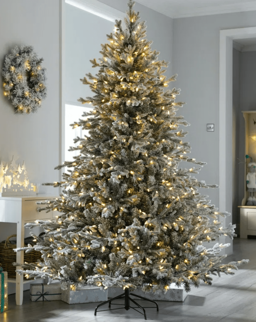 Pre-Lit Snowy Flocked Artificial Christmas Tree With Quick Pole And Skirt Option