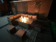 Rosen 9 Seater Fire Pit Rattan Garden Furniture Corner Dining Sofa Set In Grey