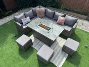 Rosen 9 Seater Fire Pit Rattan Garden Furniture Corner Dining Sofa Set In Grey