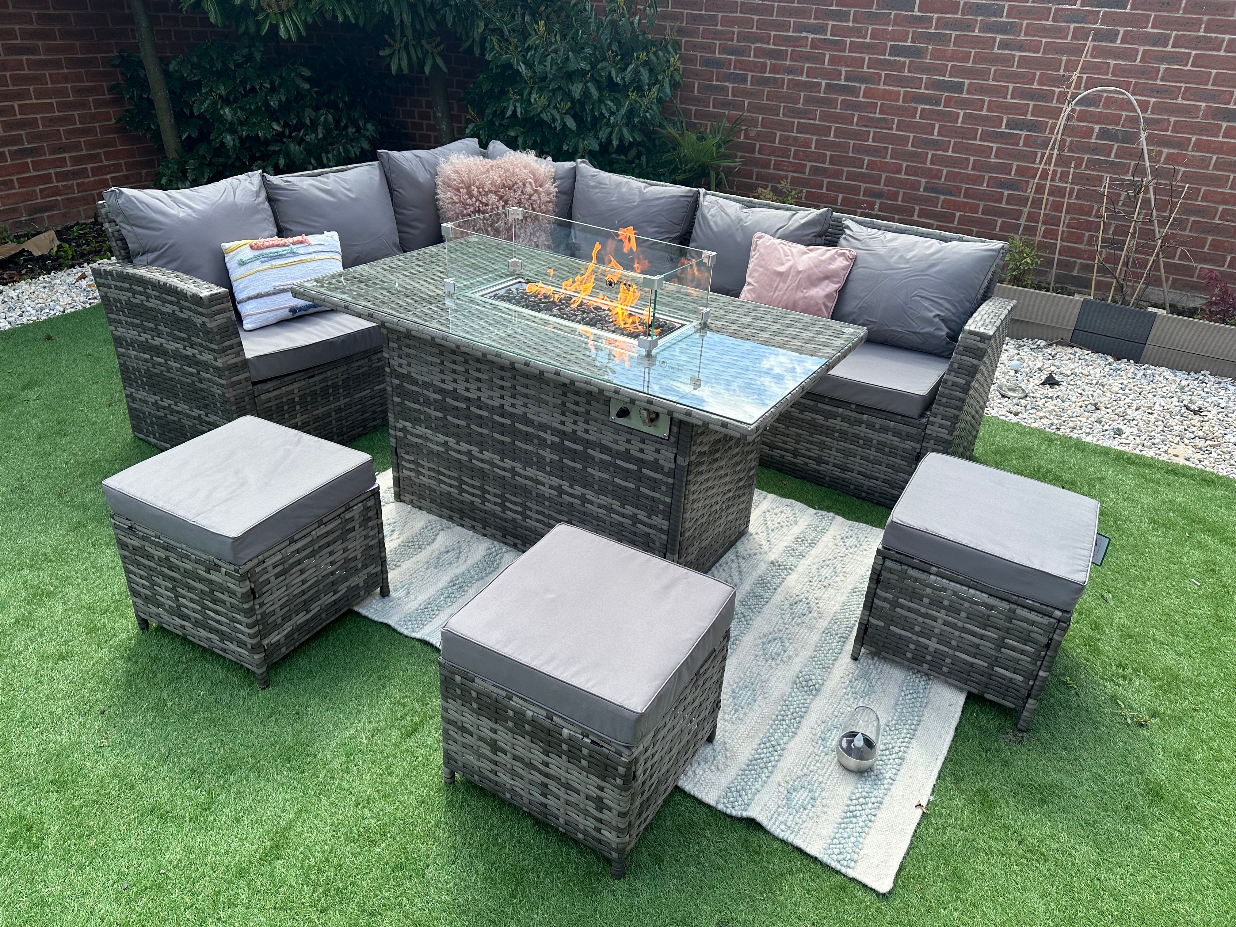 Rosen 9 Seater Fire Pit Rattan Garden Furniture Corner Dining Sofa Set