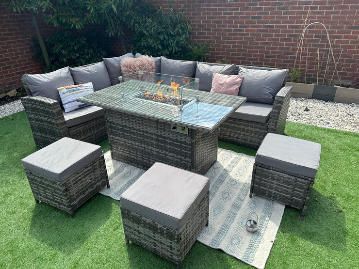 Rosen 9 Seater Fire Pit Rattan Garden Furniture Corner Dining Sofa Set In Grey