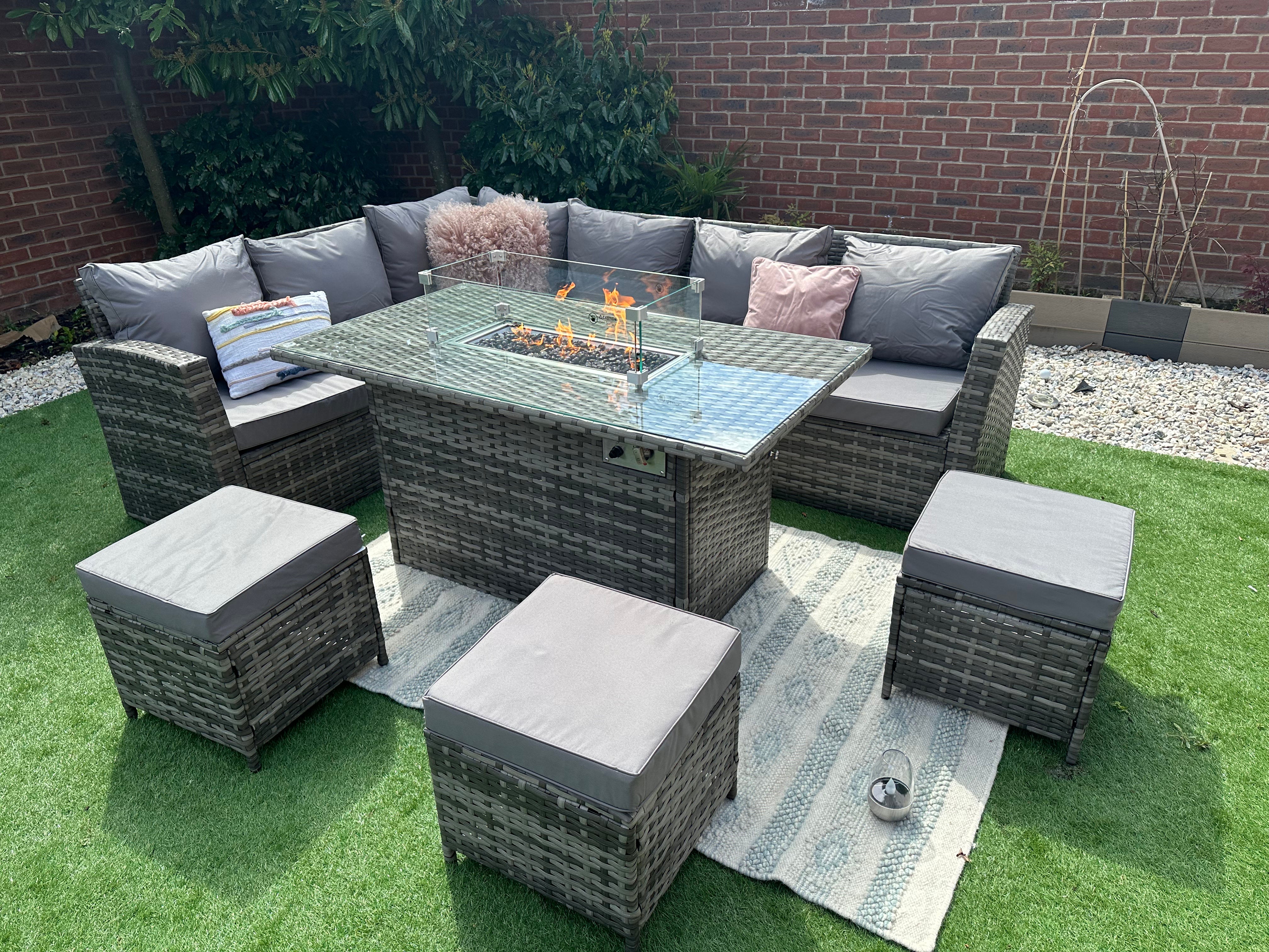 Rosen 9 Seater Fire Pit Rattan Garden Furniture Corner Dining Sofa Set