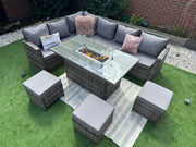 Rosen 9 Seater Fire Pit Rattan Garden Furniture Corner Dining Sofa Set In Grey