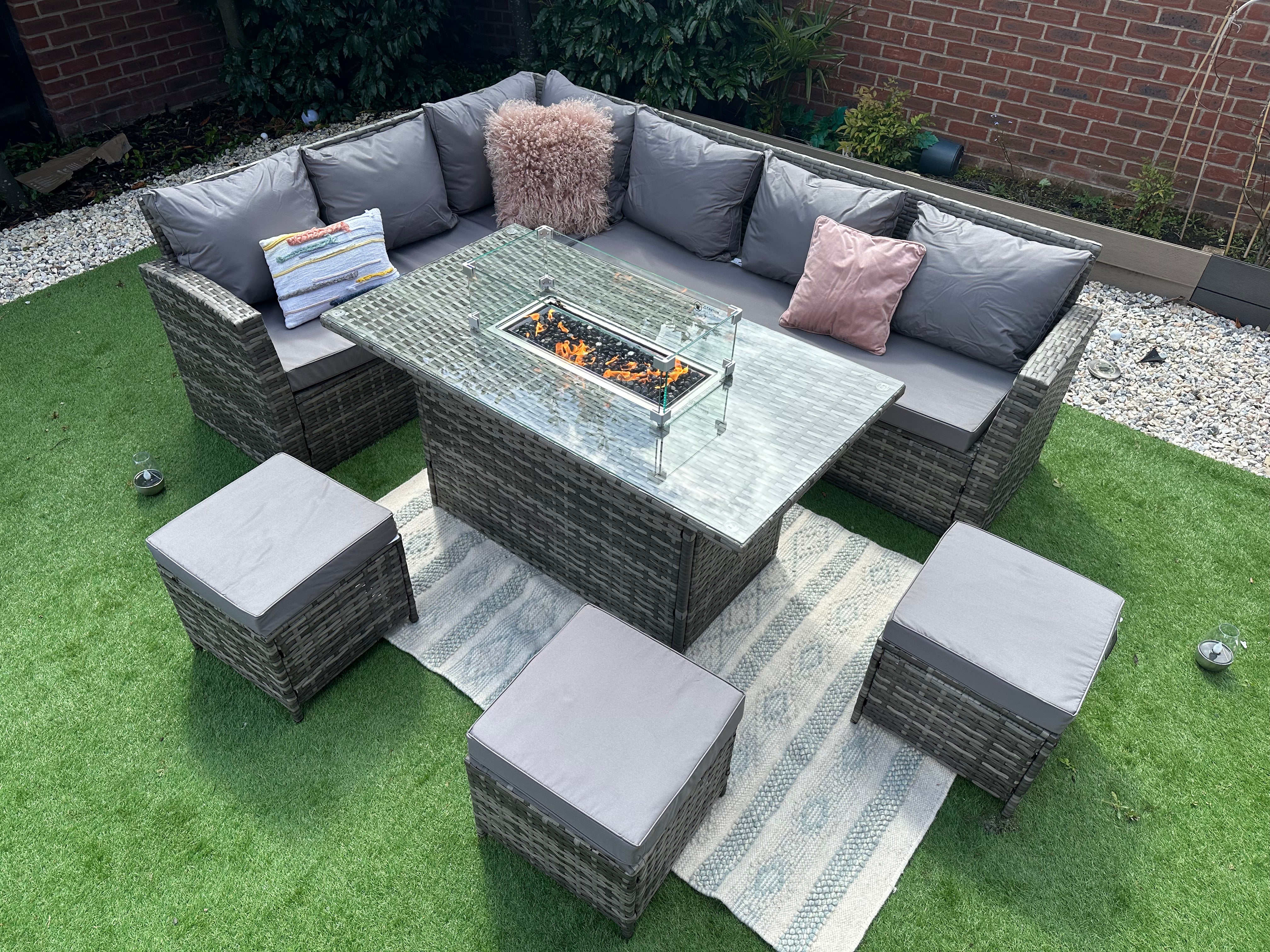 Rosen 9 Seater Fire Pit Rattan Garden Furniture Corner Dining Sofa Set