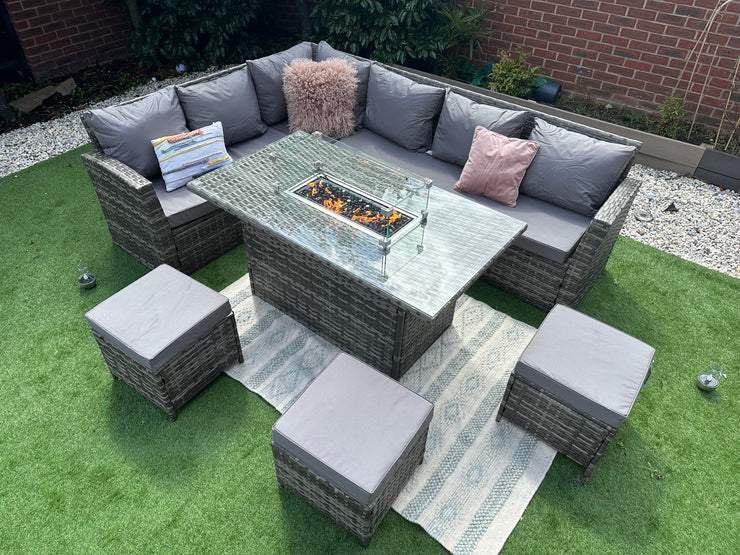 Rosen 9 Seater Fire Pit Rattan Garden Furniture Corner Dining Sofa Set In Grey