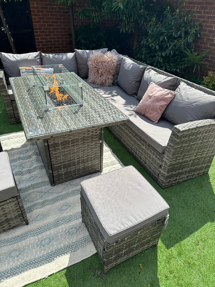 Rosen 9 Seater Fire Pit Rattan Garden Furniture Corner Dining Sofa Set In Grey
