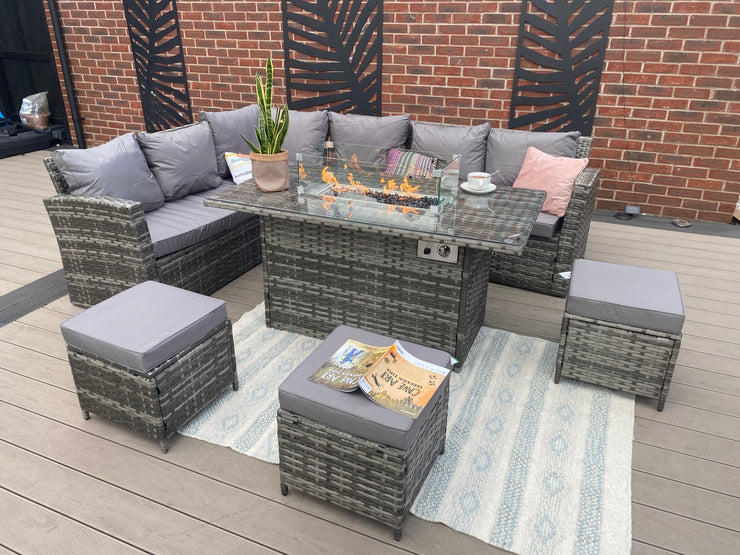 Rosen 9 Seater Fire Pit Rattan Garden Furniture Corner Dining Sofa Set In Grey