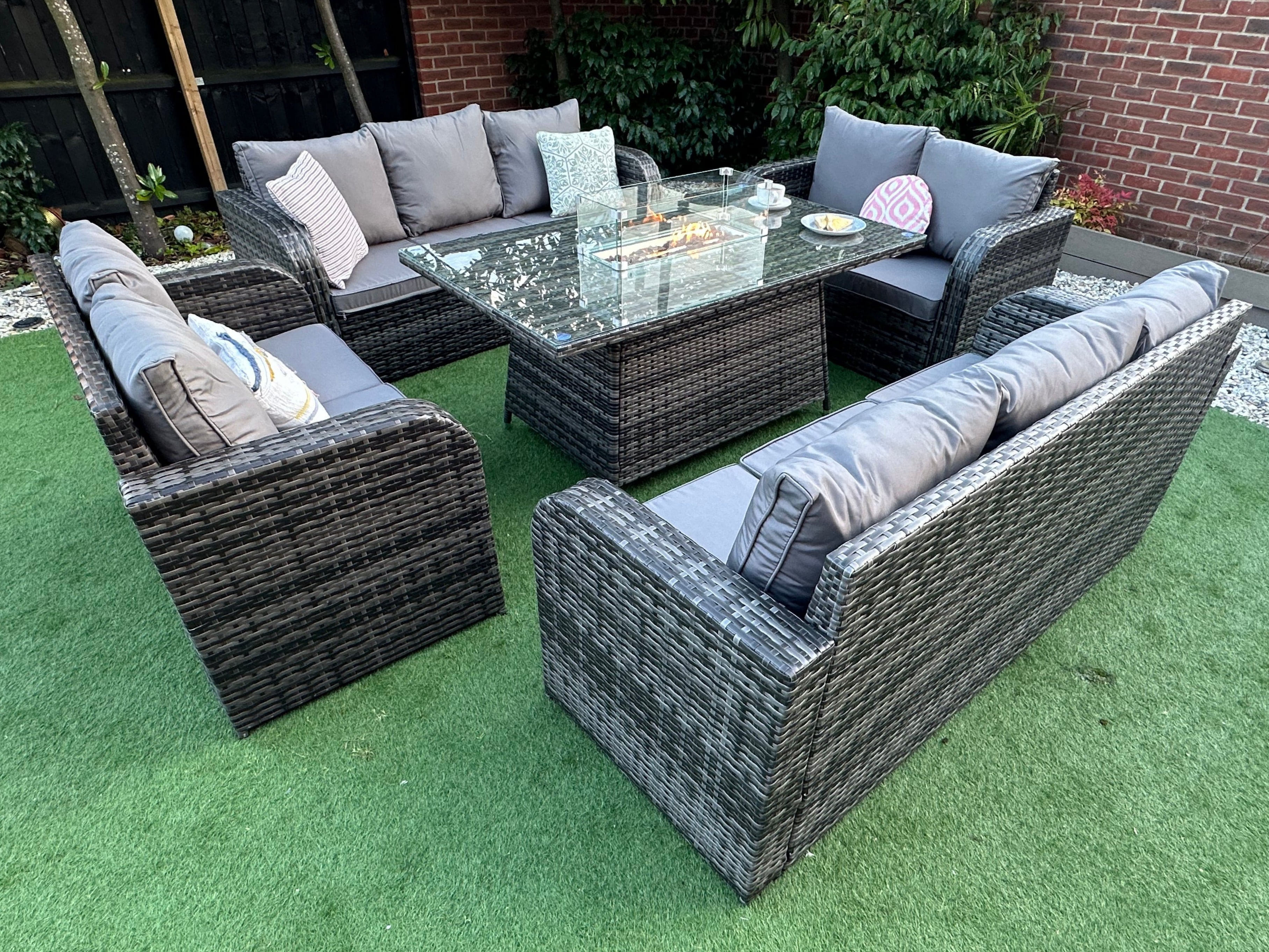Lotus Outdoor 10 Seater Rattan Garden Sofa with Fire Pit Table Set
