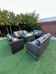 Lotus Outdoor 10 Seater Rattan Garden Sofa with Fire Pit Table Set