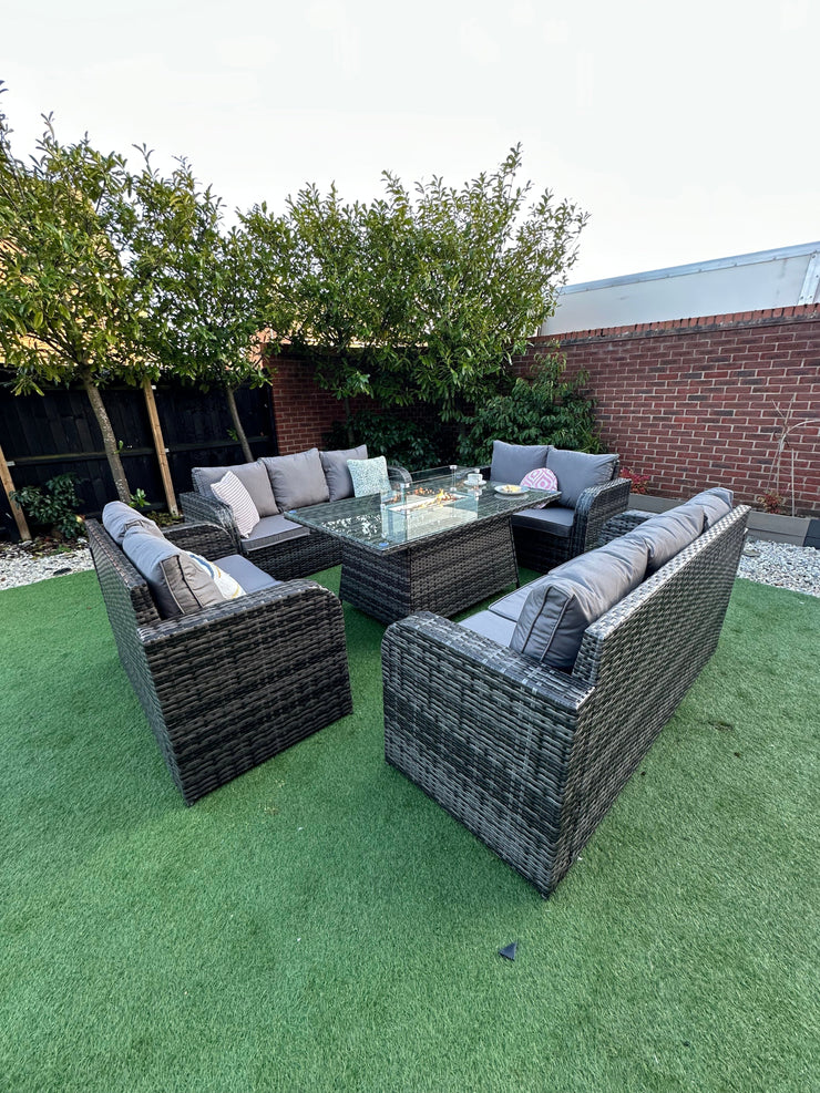 Lotus Outdoor 10 Seater Rattan Garden Sofa with Fire Pit Table Set
