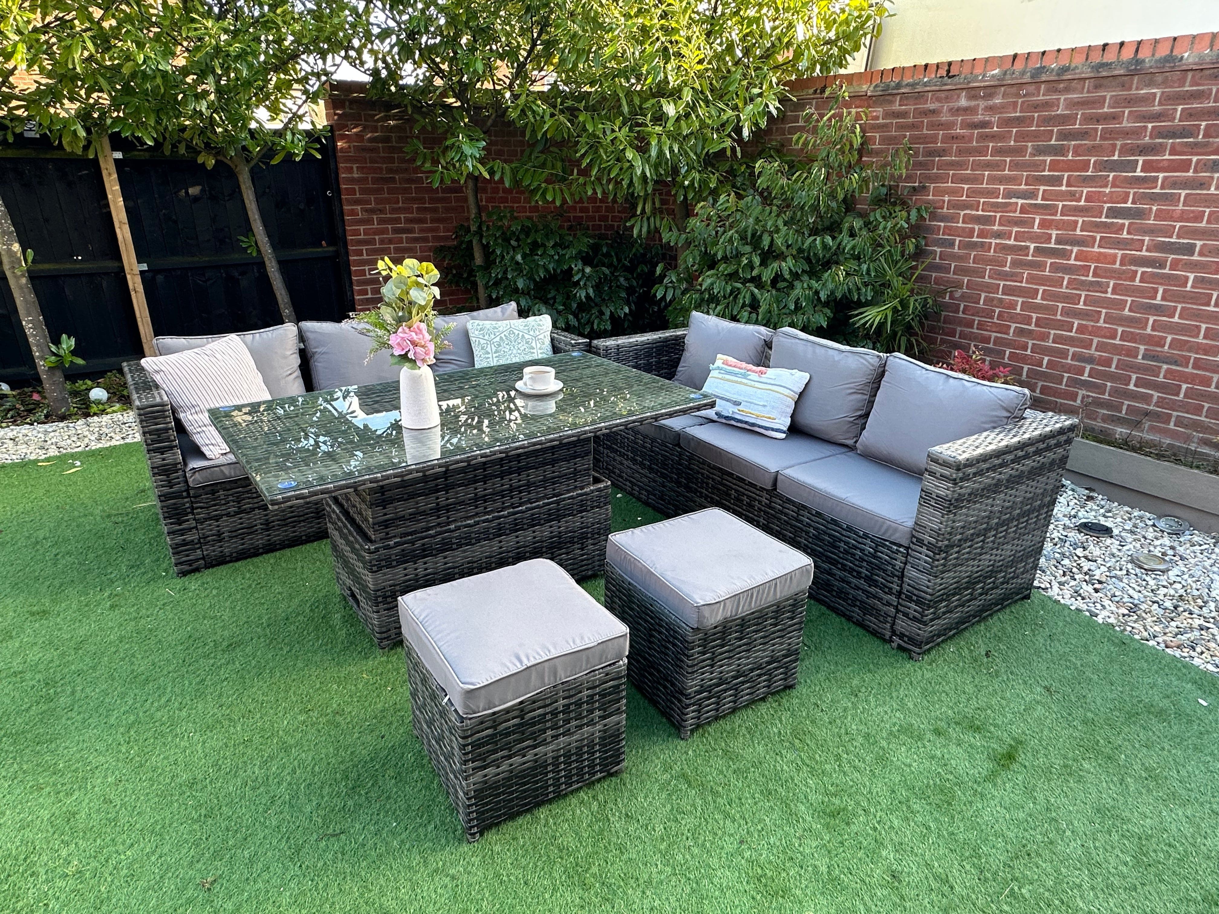 Lotus Outdoor 8 Seater Rattan Garden Sofa with Fire Pit Or Lift Up Table Set