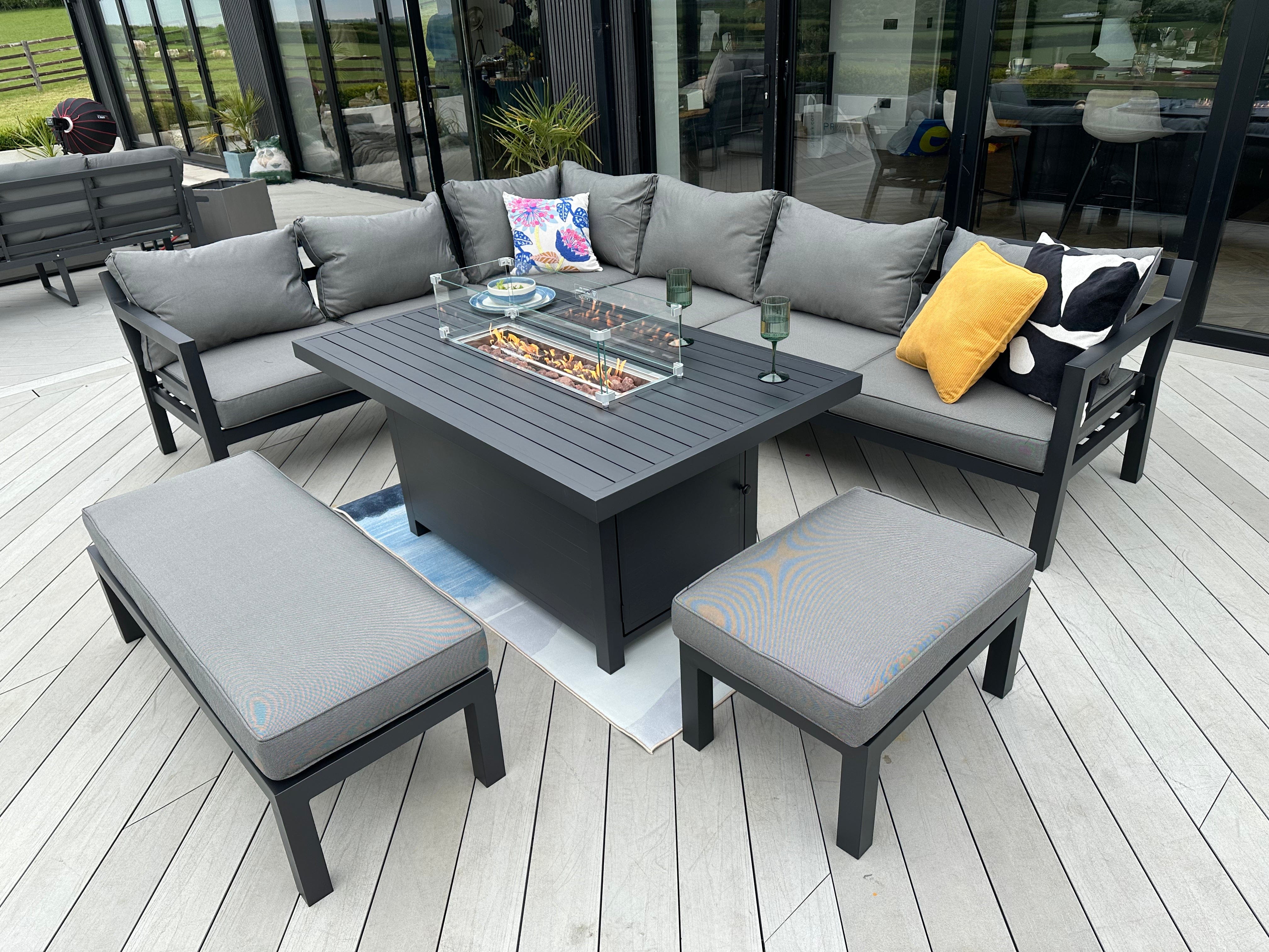 Berlin Large 9 seater Outdoor Fabric and Aluminium Corner Casual Dining Set with Firepit Table