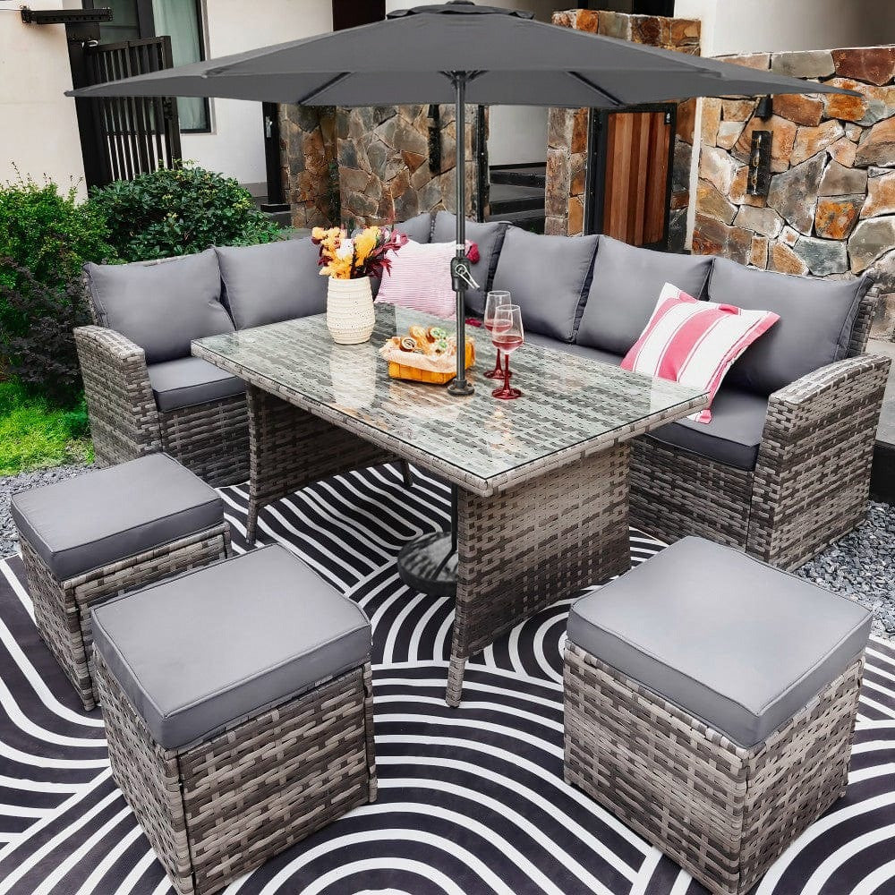 Rosen 9 Seater Rattan Corner Sofa Dining Table With Parasol Hole Set Nature Or Grey