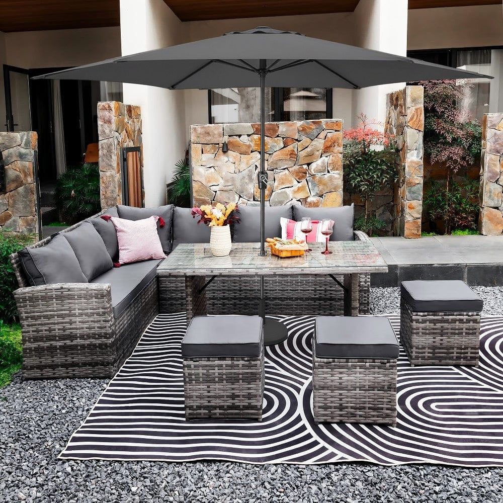 Rosen 9 Seater Rattan Corner Sofa Dining Table With Parasol Hole Set Nature Or Grey