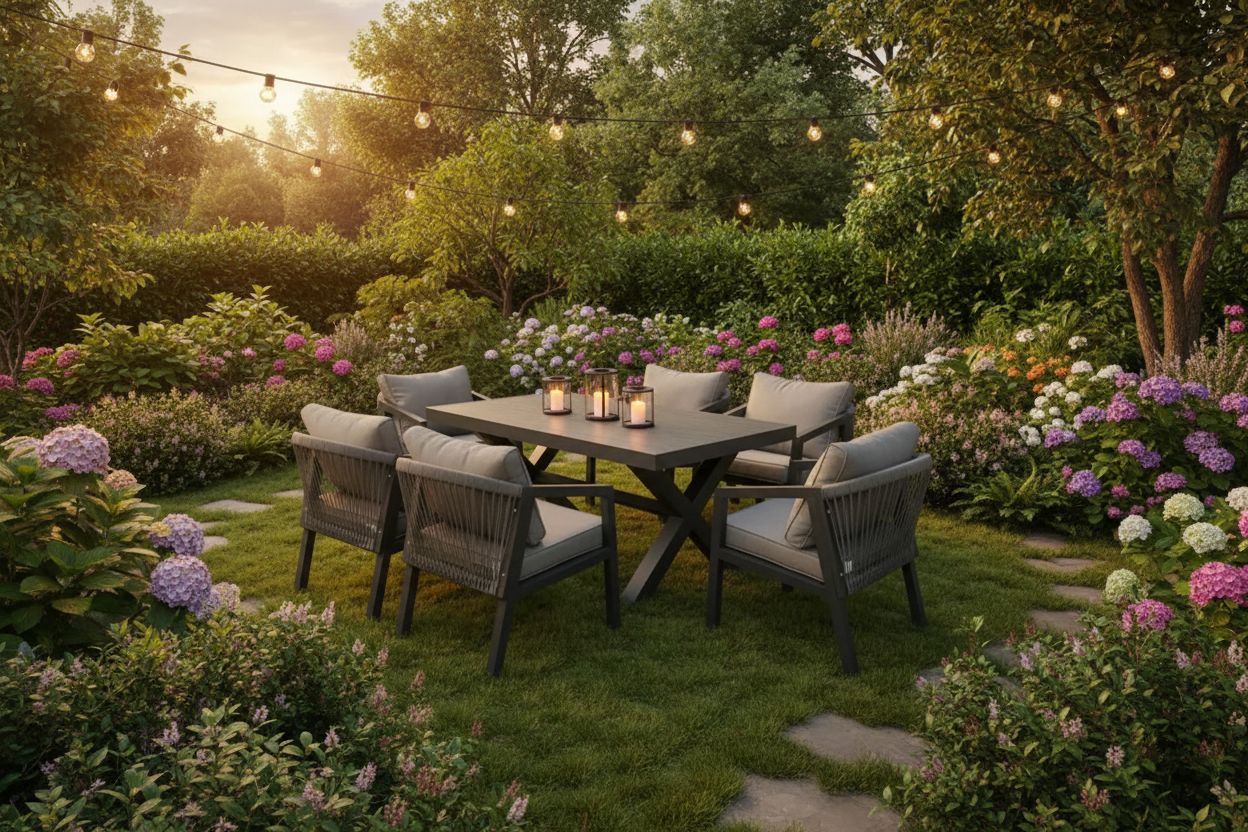 Berlin 6 seater Aluminium & Rope Patio Garden Furniture Set with Firepit Table Option