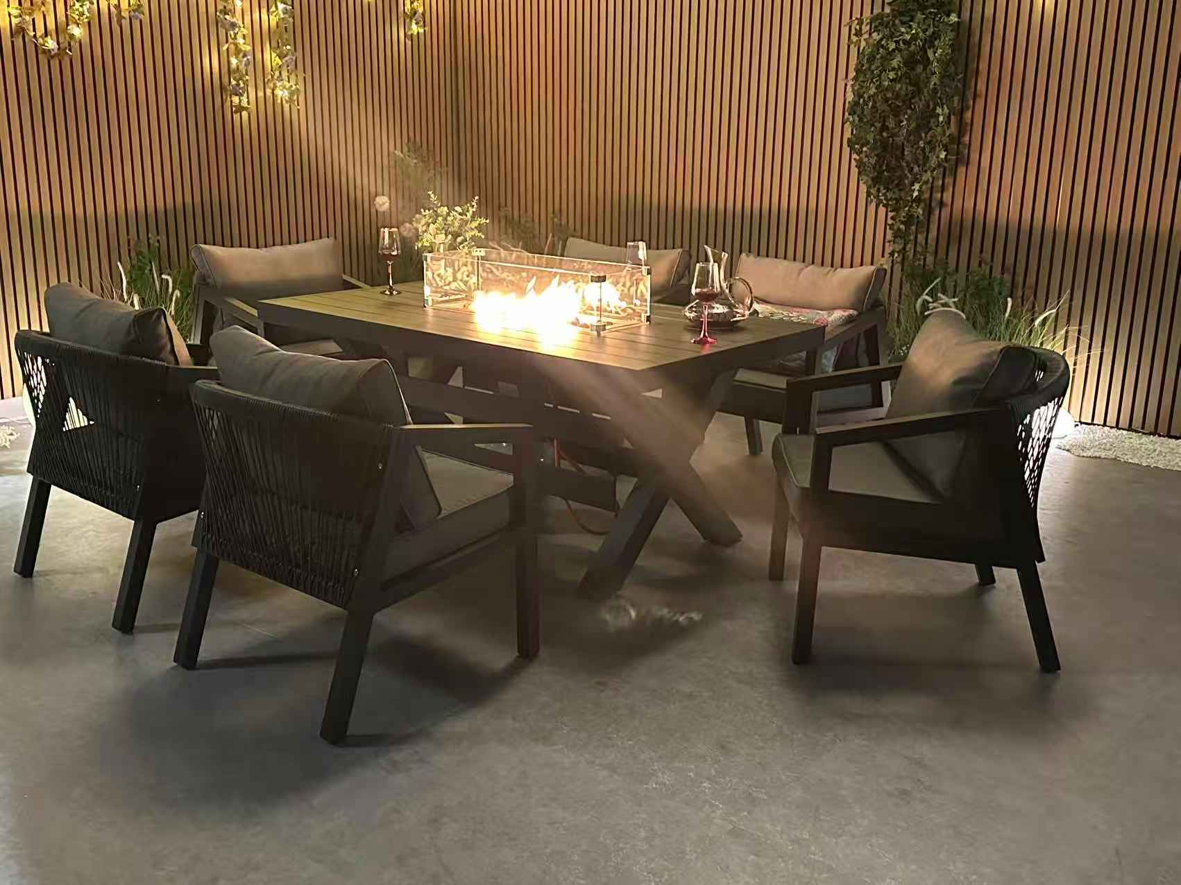 Berlin 6 seater Aluminium & Rope Patio Garden Furniture Set with Firepit Table Option