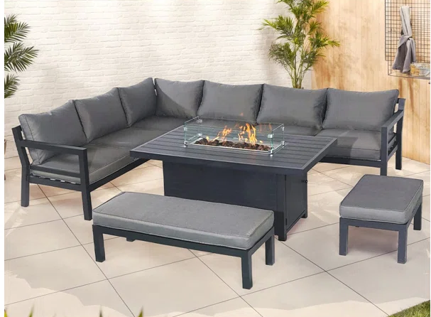 Berlin Large 9 seater Outdoor Fabric and Aluminium Corner Garden Dining Set with Fire Pit Table