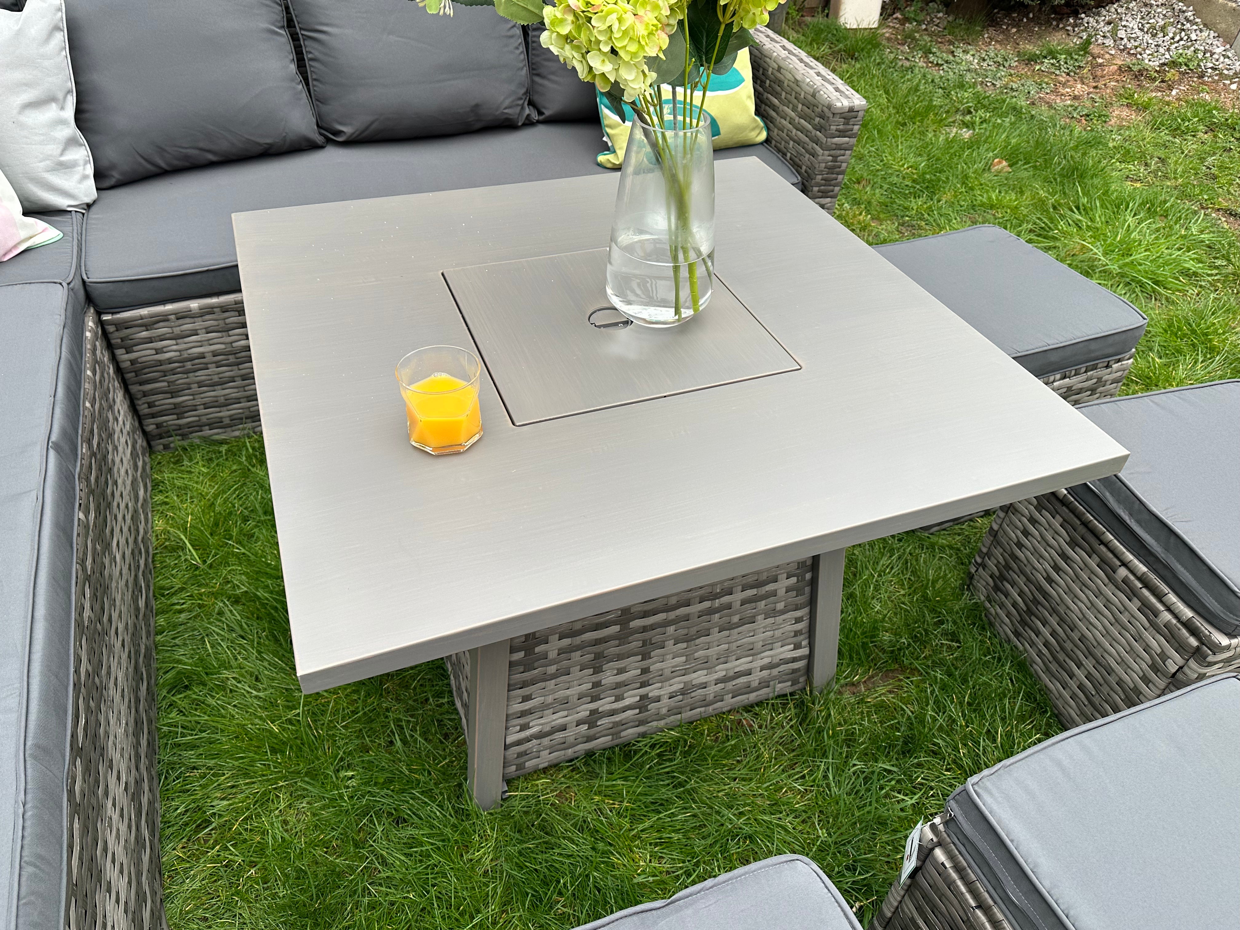 Rosen 11 Seater Rattan Garden Furniture Corner Dining Sofa Set With Fire Pit Table In Grey