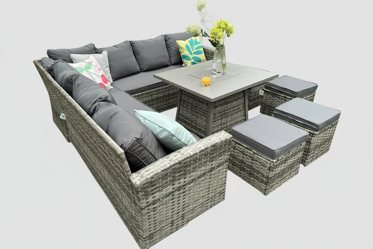 Rosen 11 Seater Rattan Garden Furniture Corner Dining Sofa Set With Fire Pit Table In Grey