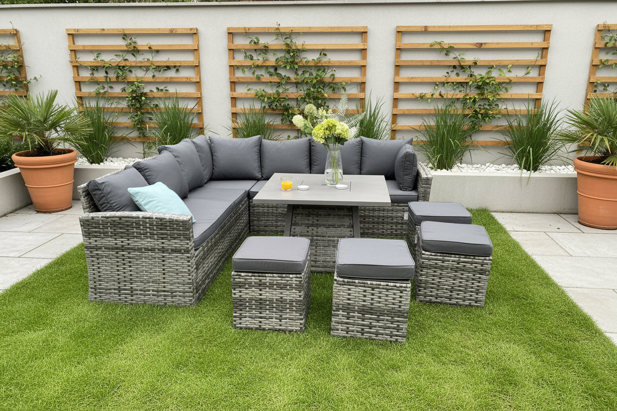 Rosen 11 Seater Rattan Garden Furniture Corner Dining Sofa Set With Fire Pit Table In Grey