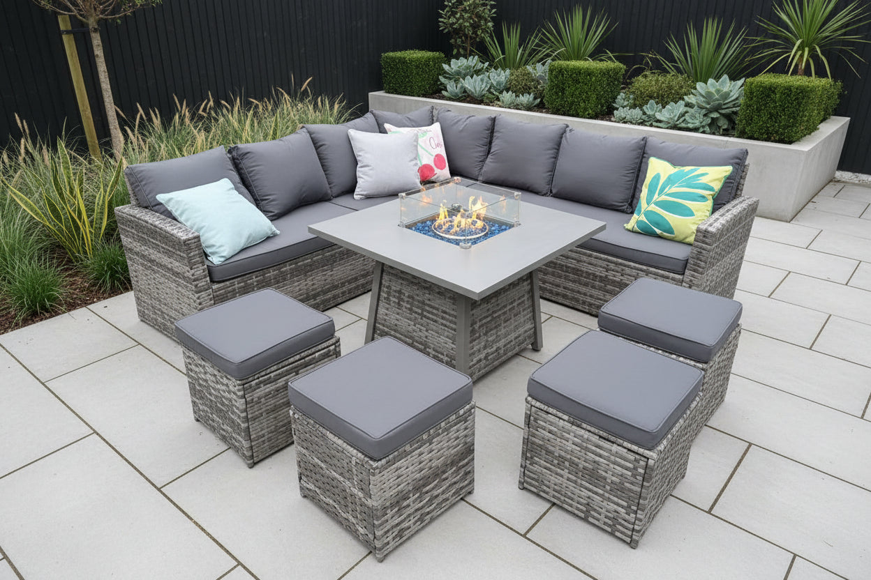 Rosen 11 Seater Rattan Garden Furniture Corner Dining Sofa Set With Fire Pit Table In Grey