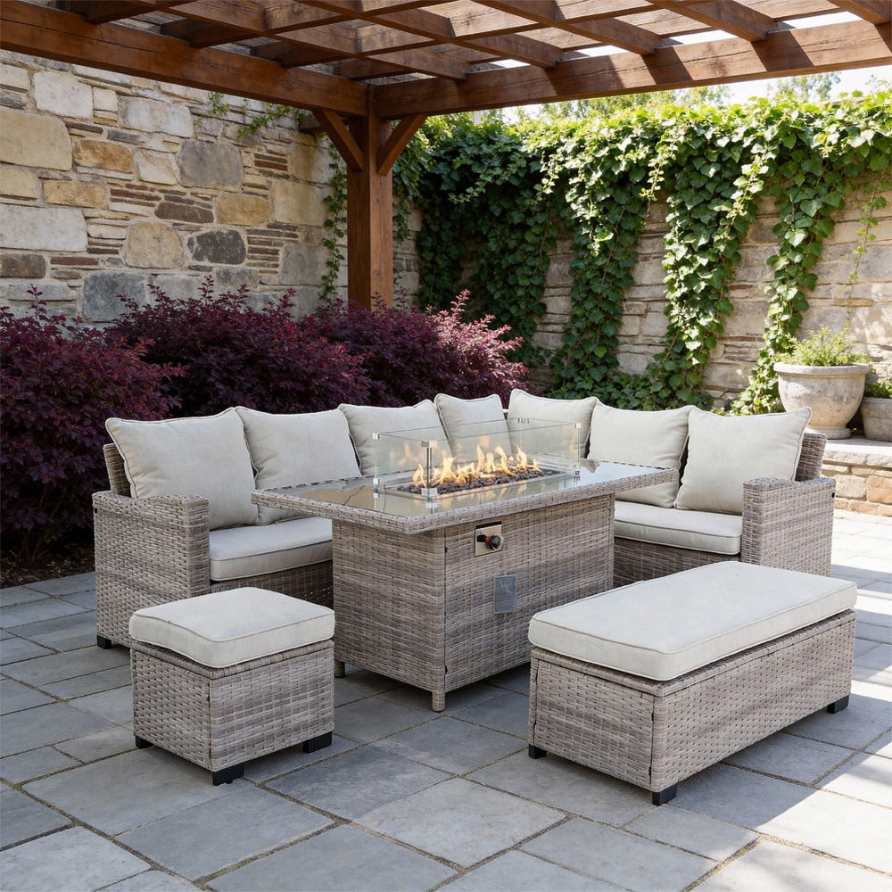 Galle Right Facing 9 Seater Garden Corner Sofa Fire Pit Set With Stool And Bench
