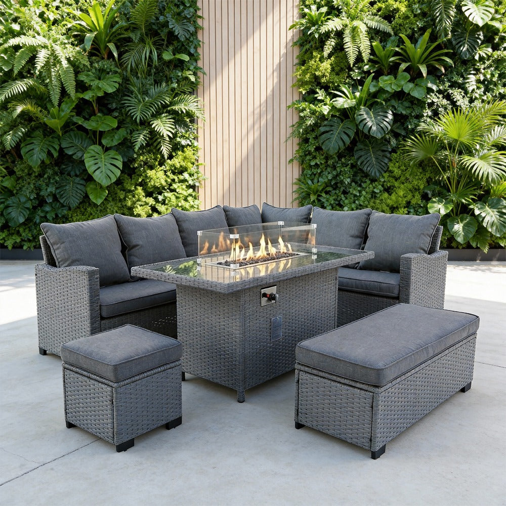 Galle Right Facing 9 Seater Garden Corner Sofa Fire Pit Set With Stool And Bench