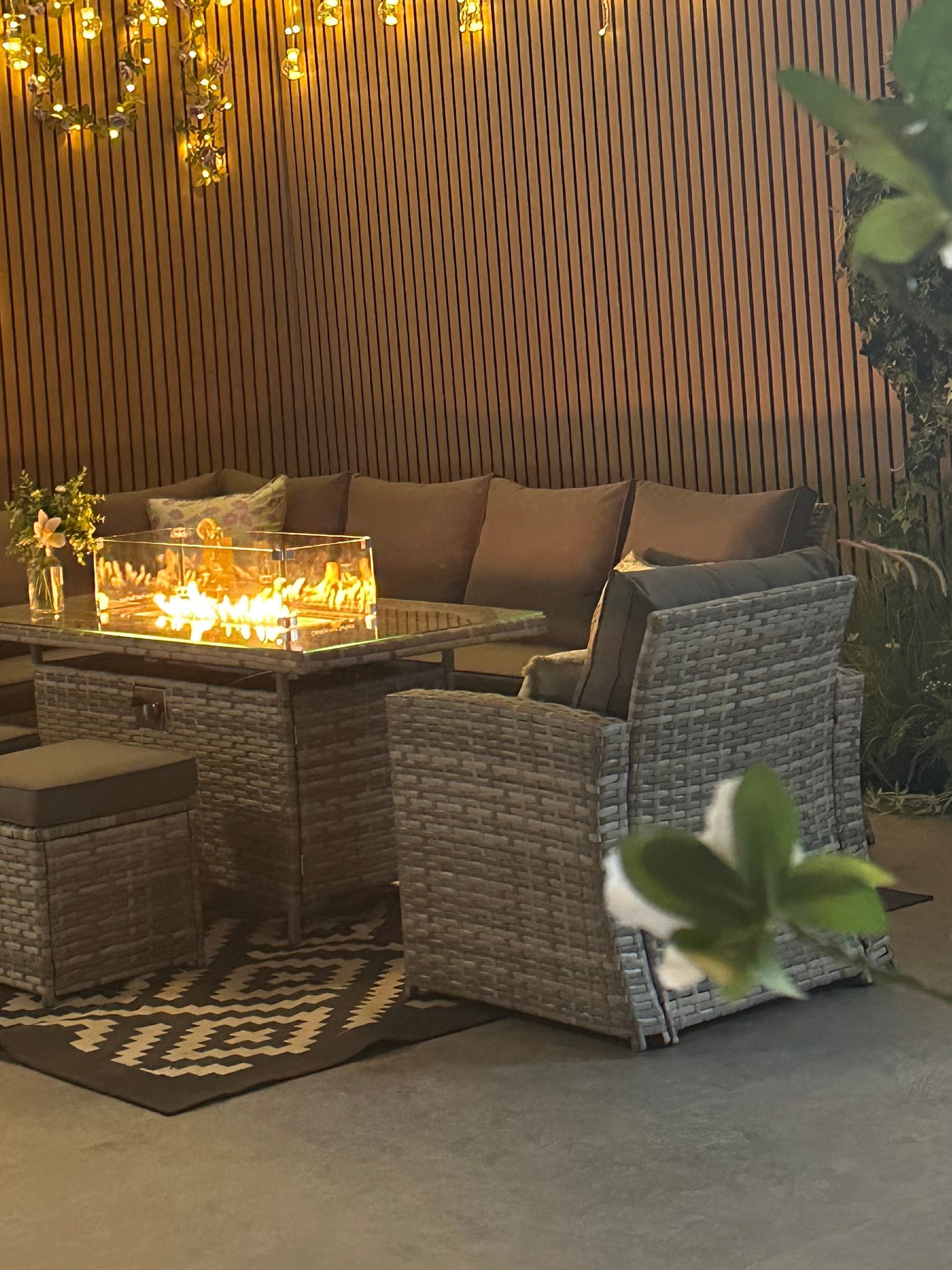 Rosen 9 Seater Rattan Garden Furniture Corner Sofa Fire Pit Set with Armchair and Stools