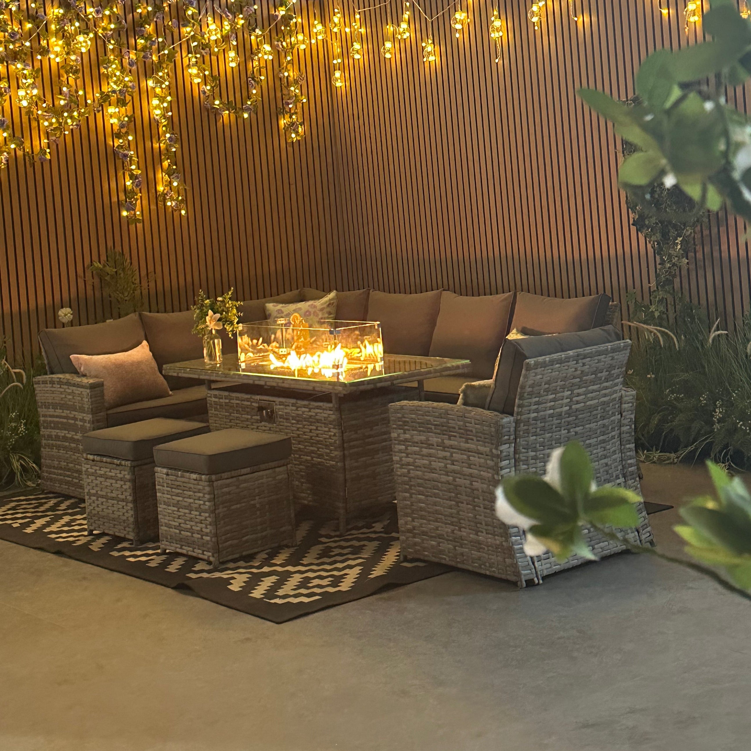 Rosen 9 Seater Rattan Garden Furniture Corner Sofa Fire Pit Set with Armchair and Stools