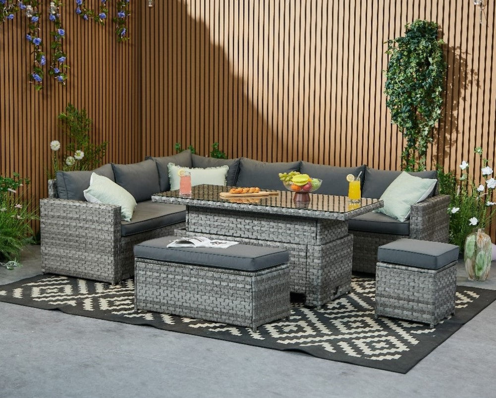 Barcelona 9 Seater Rattan Garden Dining Set with Rising Table In Grey