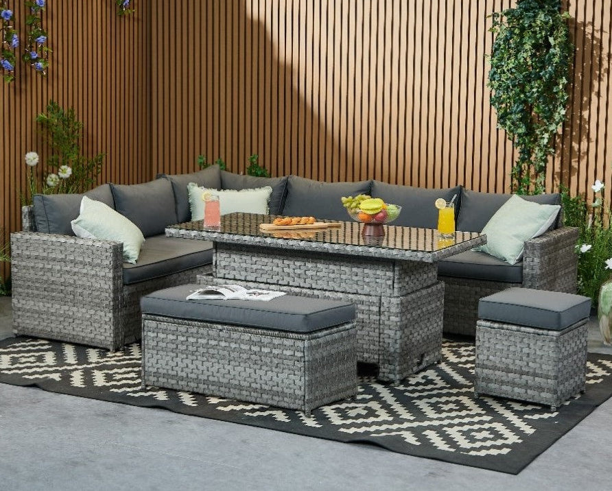 Monaco 9 Seater Rattan Garden Corner Sofa Dining Set with Rising Table
