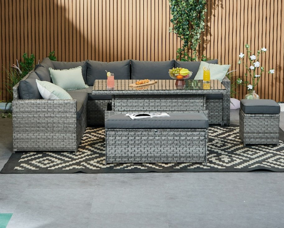 Monaco 9 Seater Rattan Garden Corner Sofa Dining Set with Rising Table
