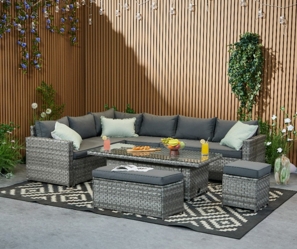 Monaco 9 Seater Rattan Garden Corner Sofa Dining Set with Rising Table