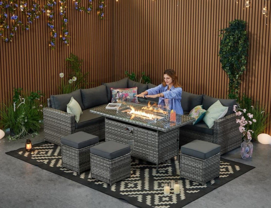 Barcelona Rattan Garden 9 Seater Fire Pit  Furniture Corner Dining Sofa Set In Grey