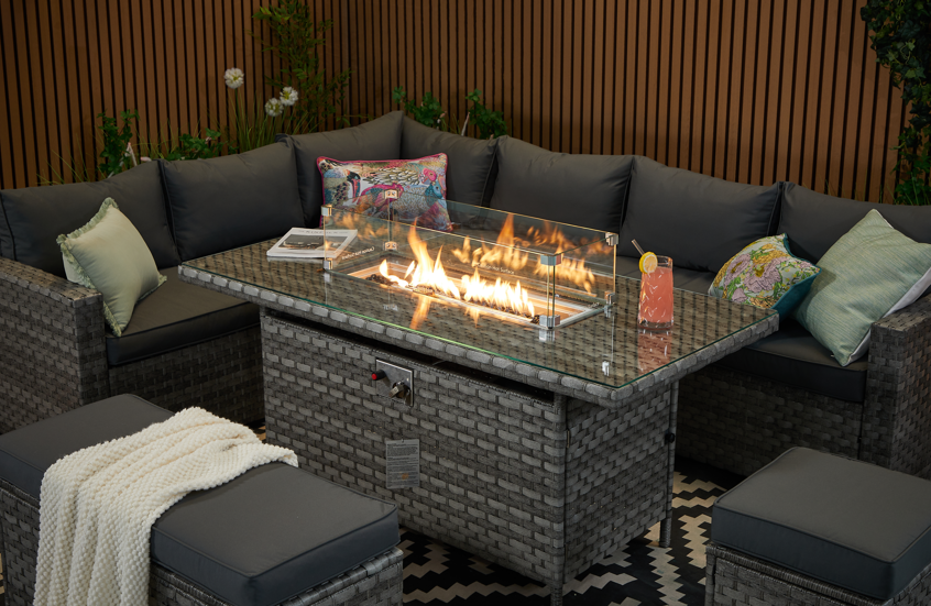 Barcelona Rattan Garden Furniture 9 Seater Corner Sofa Set with Fire pit Dining Table in Black Or Grey