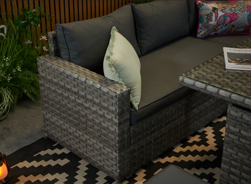 Barcelona Rattan Garden Furniture 9 Seater Corner Sofa Set with Fire pit Dining Table in Black Or Grey