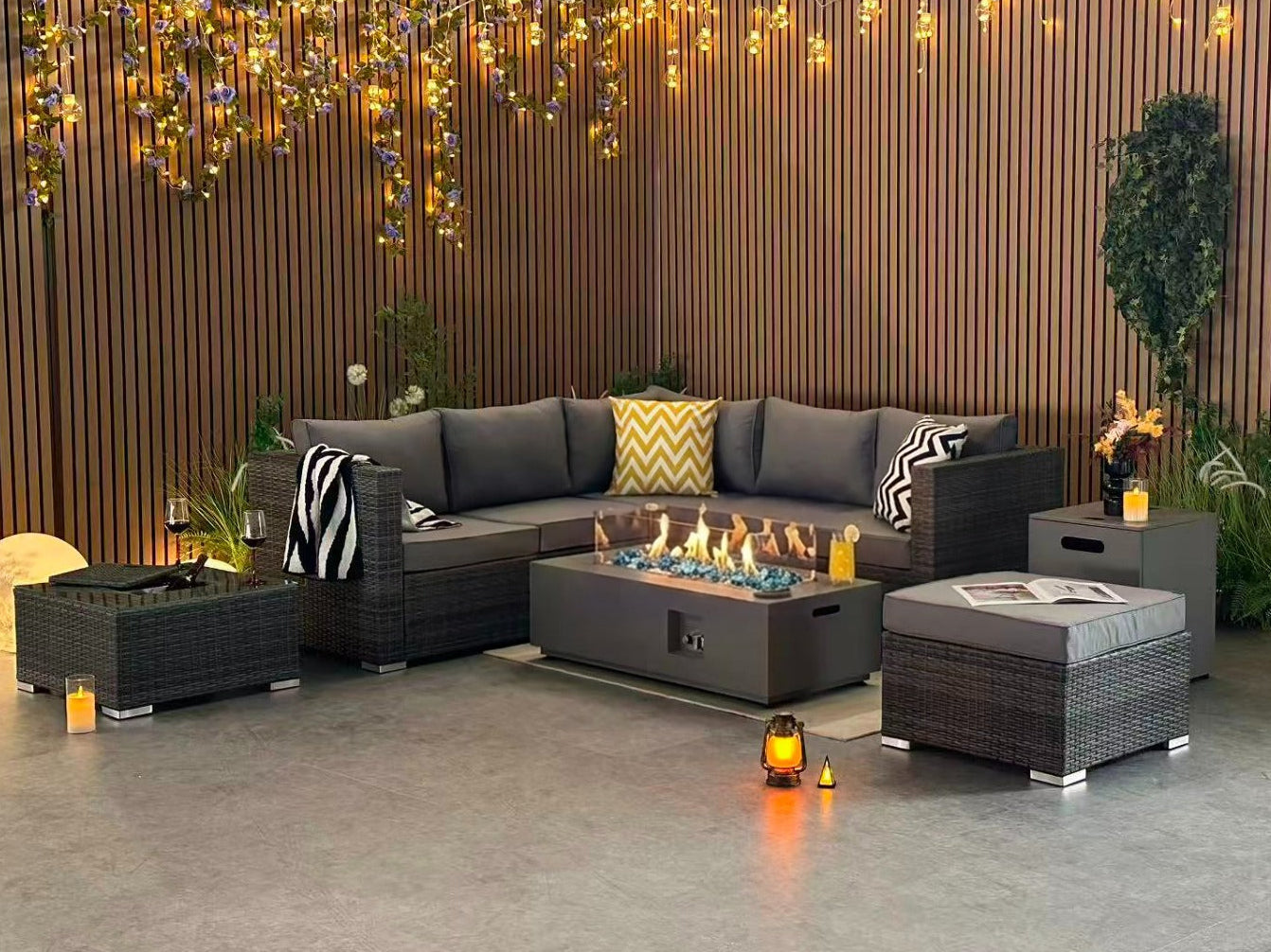 Vancouver Aluminium Frame 6 Seater Corner Sofa Set with Ice Bucket and Fire Pit Coffee Table