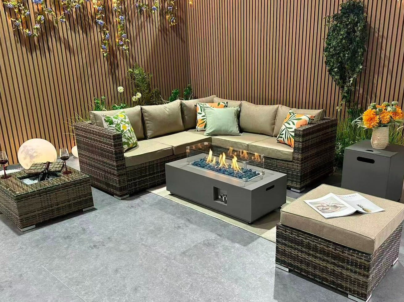 Vancouver Steel Frame 6 Seater Corner Sofa Set with Ice Bucket and Fire Pit Coffee Table
