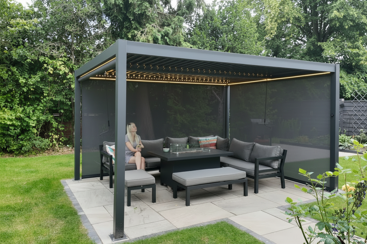 Berlin Plus Aluminium 3m x 4m Rectangular Pergola with 3 Or 4 Manual Side Blinds and LED Lighting in Grey