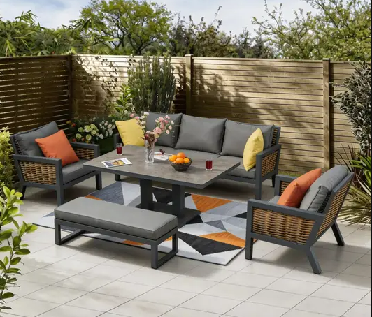 Berlin 7‑Seater Aluminium Outdoor Garden Sofa Set with Lifting Table and Bench