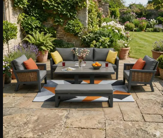 Berlin 7‑Seater Aluminium Outdoor Garden Sofa Set with Lifting Table and Bench