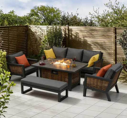 Berlin 7‑Seater Aluminium Outdoor Garden Sofa Set with Fire Pit Table and Bench
