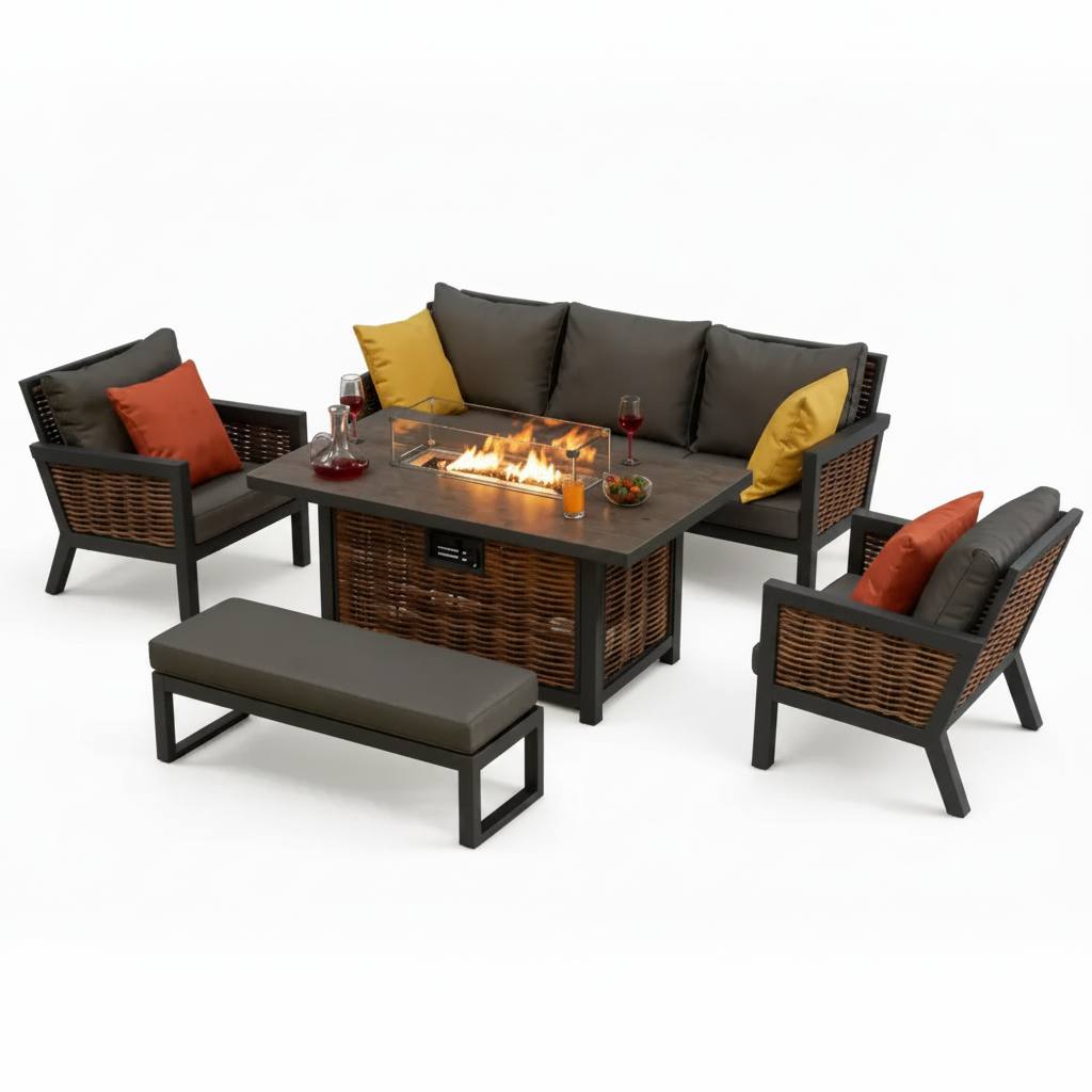 Berlin 7‑Seater Aluminium Outdoor Garden Sofa Set with Fire Pit Table and Bench