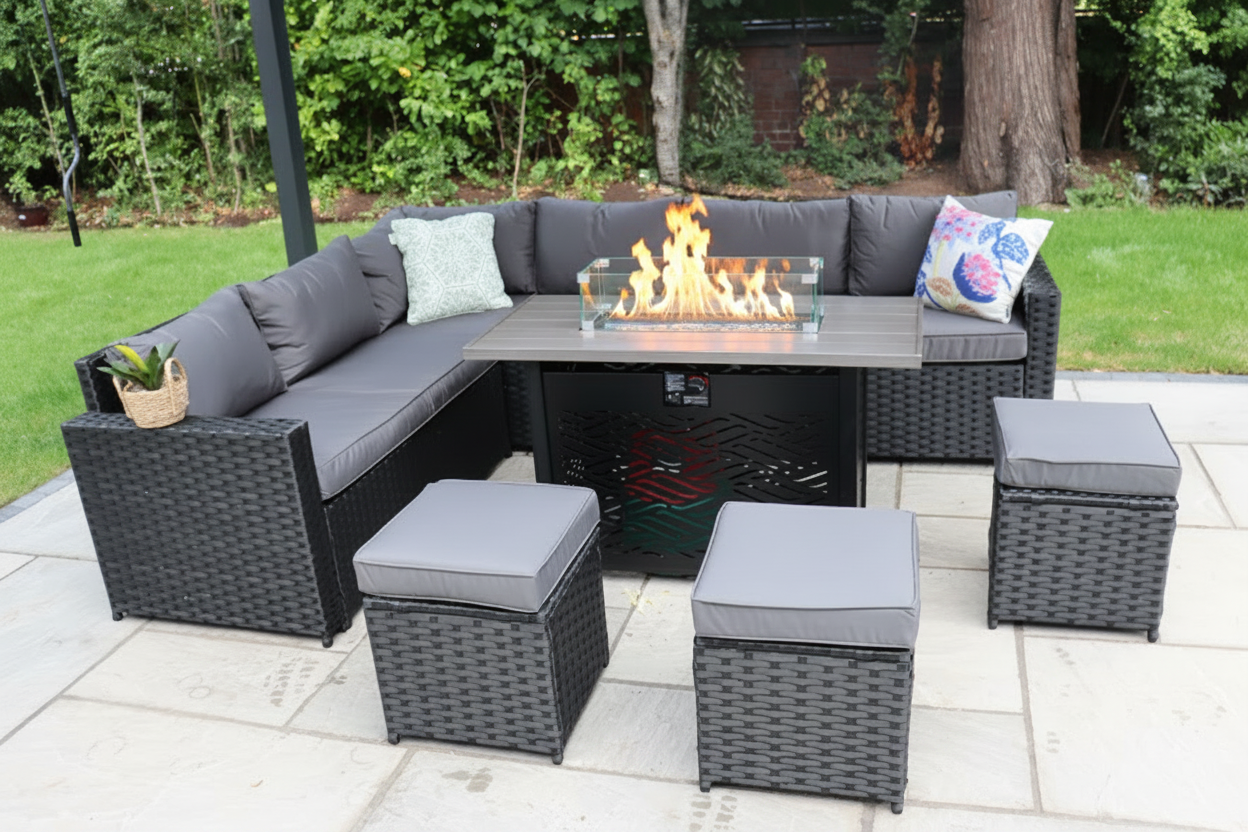 Barcelona Outdoor Rattan 9-Seater Corner Dining Set With Metal Fire Pit Table